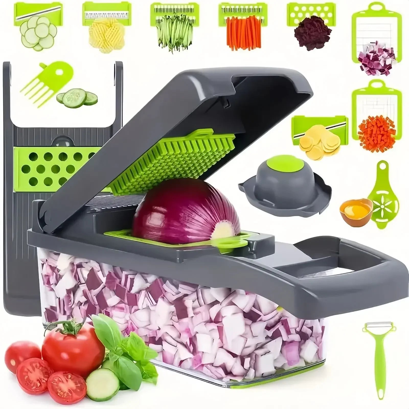 14-in-1 / 16-in-1 Multifunctional Vegetable Chopper & Slicer with Handle – Onion Dicer, Food Grater & Kitchen Cutter