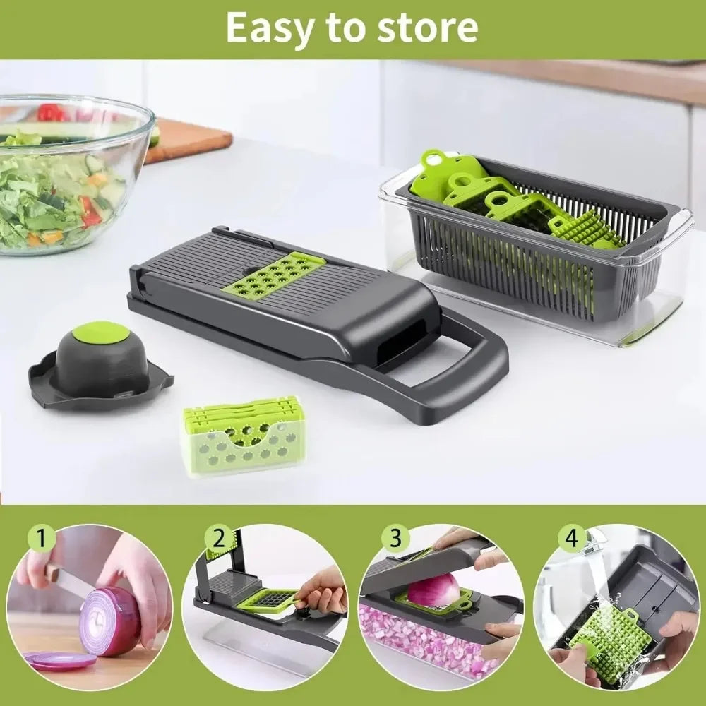 14-in-1 / 16-in-1 Multifunctional Vegetable Chopper & Slicer with Handle – Onion Dicer, Food Grater & Kitchen Cutter
